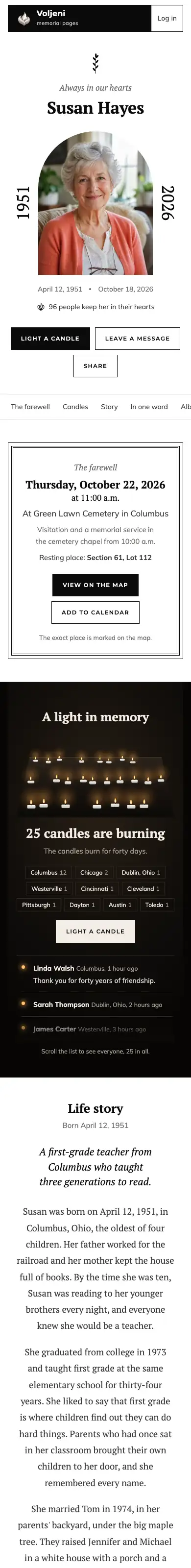 This is what a page with the funeral looks like
