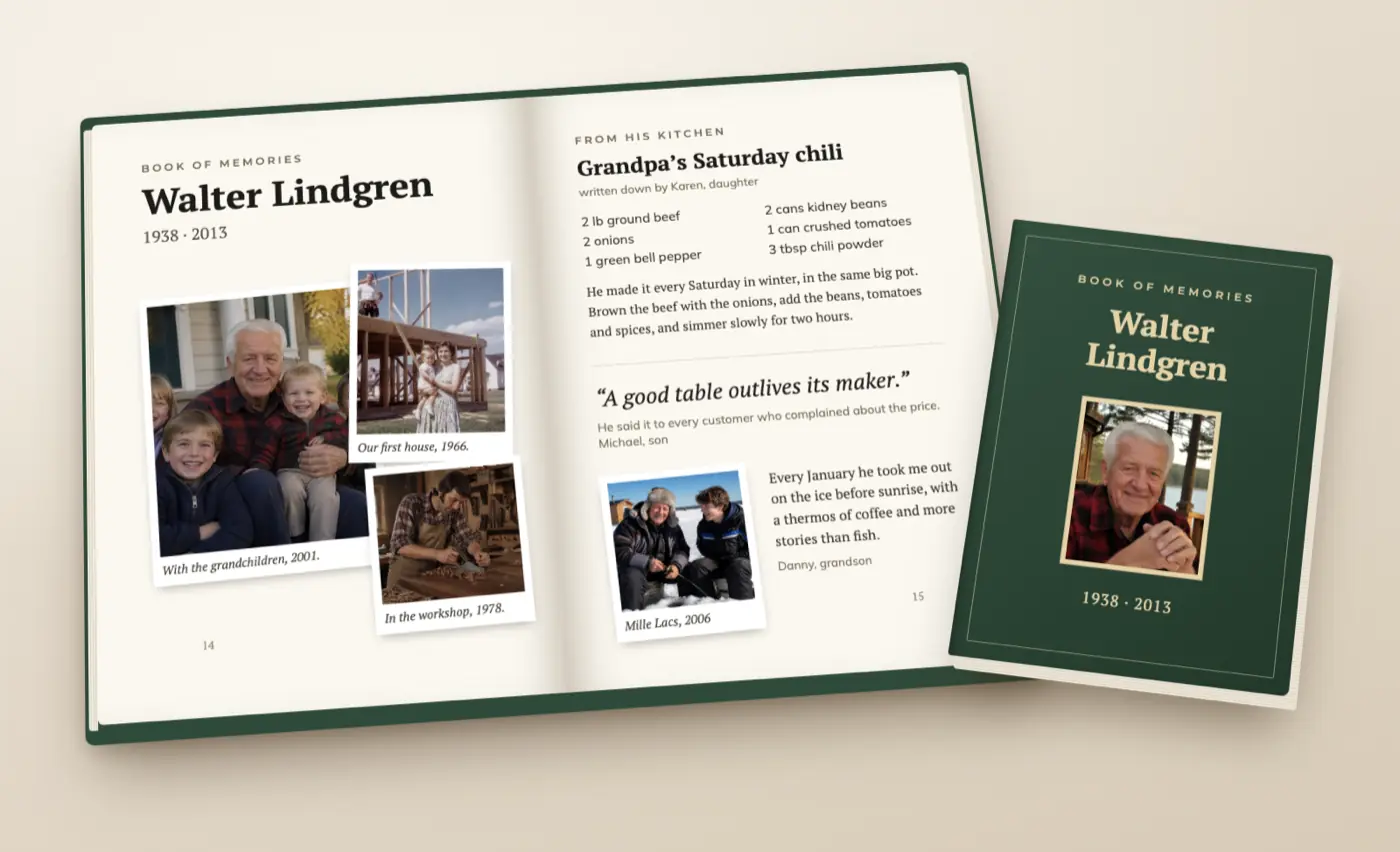 Example of a book of memories: an open book with photos, a recipe and messages, next to it the cover with a portrait