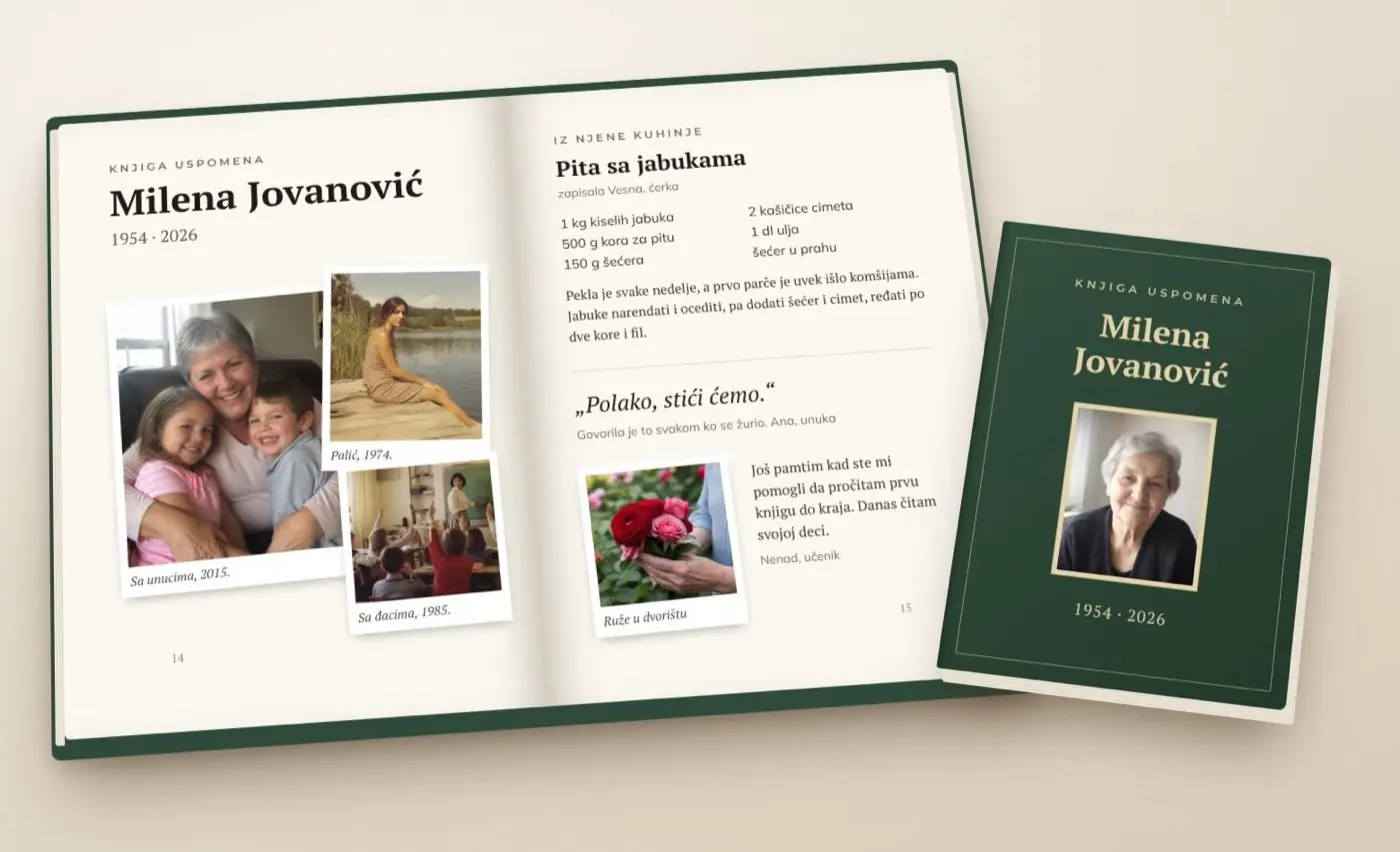 Primjer knjige uspomena: otvorena knjiga sa fotografijama, receptom i porukama, pored nje korice sa portretom