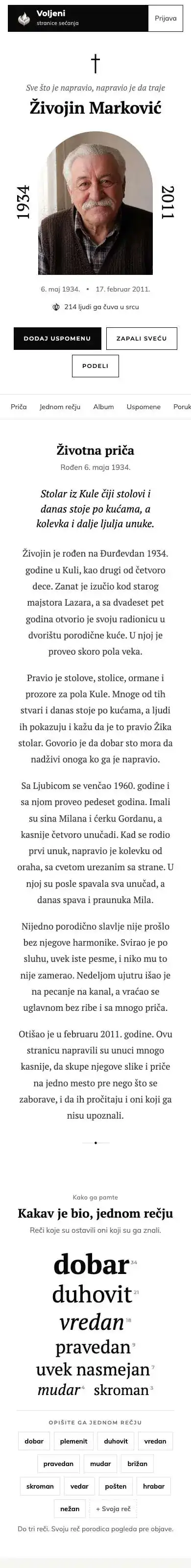 Ovako izgleda stranica uspomena