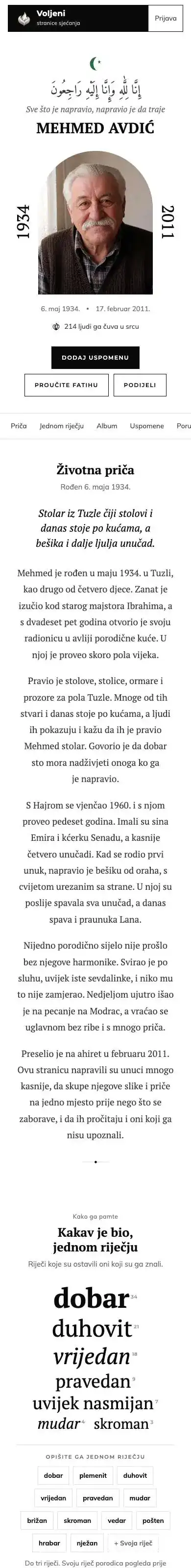 Ovako izgleda stranica uspomena