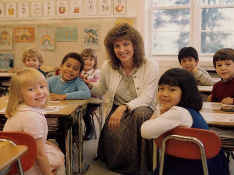 With her first-grade class, 1986